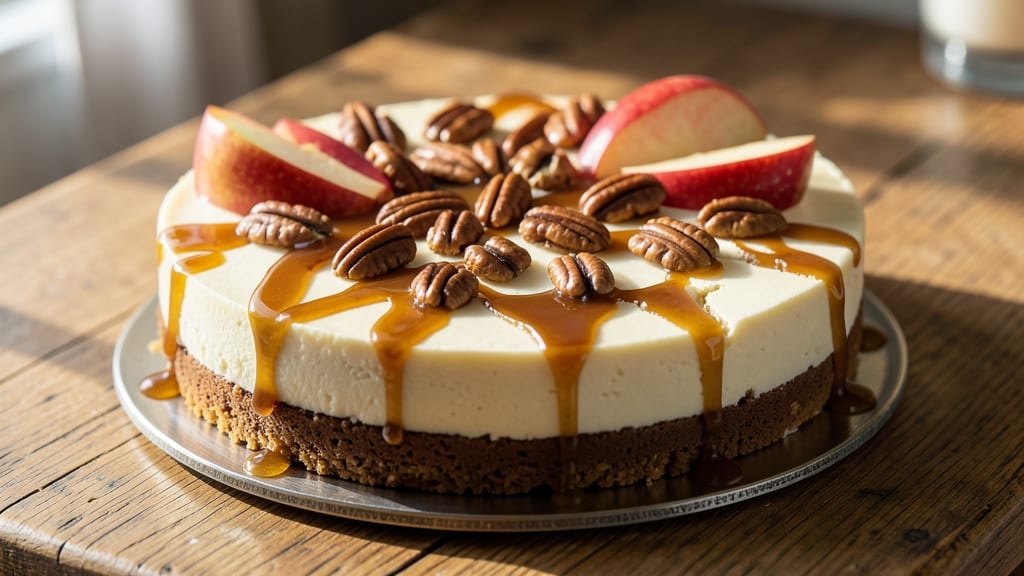 Apple Caramel Pecan Cheesecake Recipe: Spiced Topping Trifecta of Crunch, Sweetness, and Cream